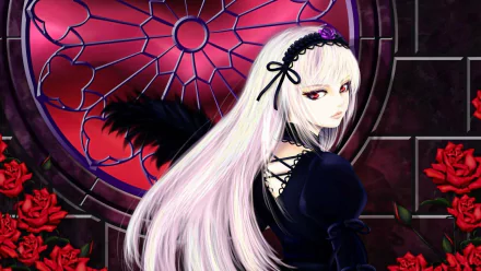 A gothic anime wallpaper featuring Suigintou from Rozen Maiden, showcasing her long white hair and striking red eyes against a backdrop of roses and a stained glass window.