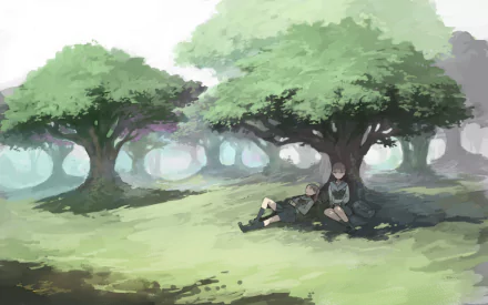 HD anime-style original desktop wallpaper depicting two characters resting under large, leafy trees in a serene, misty forest setting.