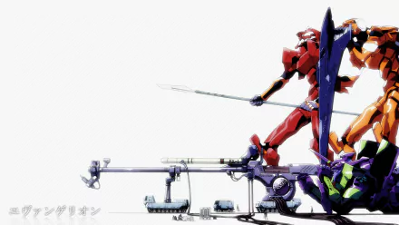 HD anime desktop wallpaper featuring Evangelion Units 02, 01, and 00 from Neon Genesis Evangelion in dynamic battle poses on a white background.