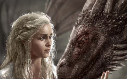 HD desktop wallpaper featuring Daenerys Targaryen from the TV show Game of Thrones, gently touching the face of a dragon.