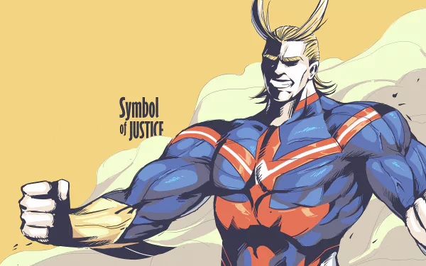 HD desktop wallpaper featuring All Might from the anime My Hero Academia, confidently striking a pose with the text Symbol of Justice beside him.