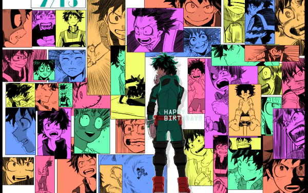 HD desktop wallpaper featuring Izuku Midoriya from the anime My Hero Academia, surrounded by multiple colorful panels showcasing various expressions and moments of the character.