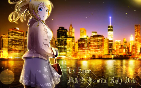 Eri Ayase (Love Live!) in an HD anime PC desktop wallpaper: she stands by a waterfront at night with a glowing golden city skyline.