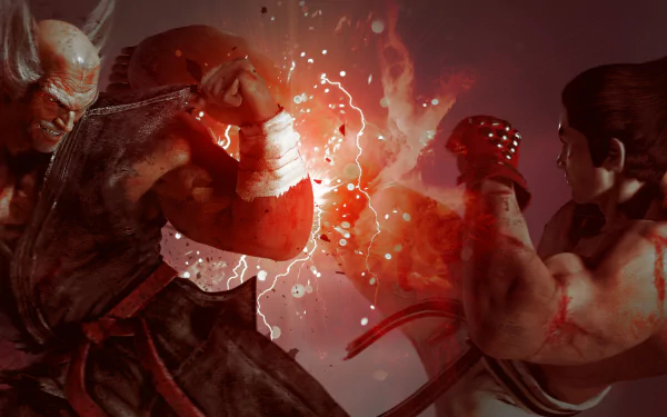 Kasuya Mishima and Heihachi Mishima face off in an intense fiery battle from Tekken 7, depicted in a 4K Ultra HD video game desktop wallpaper.