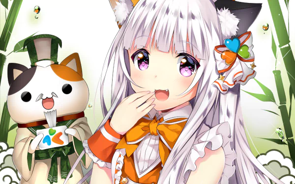 A cheerful anime character with white hair, purple eyes, and cat ears wears a vibrant yukata and bow, smiling beside a cute animal figure, set against a bamboo background.