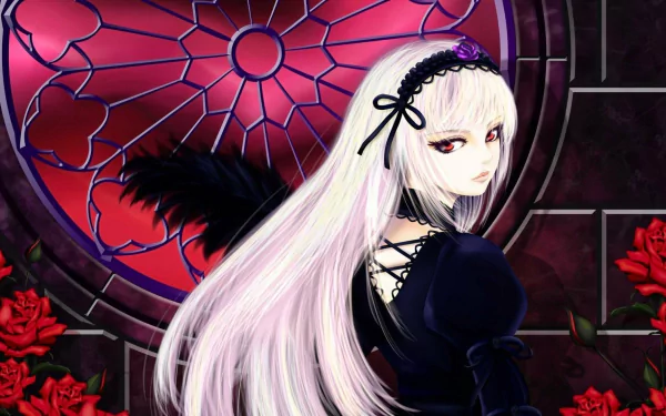 A gothic anime wallpaper featuring Suigintou from Rozen Maiden, showcasing her long white hair and striking red eyes against a backdrop of roses and a stained glass window.