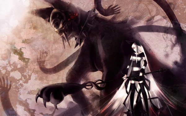 Anime-style HD PC desktop wallpaper featuring a mysterious figure with white hair facing a large, shadowy, monstrous creature in an original dark fantasy scene.