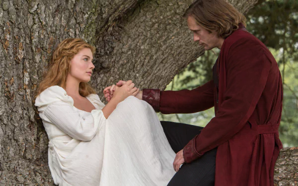 Tarzan and Jane Porter from The Legend of Tarzan movie seated by a tree in a tender moment — 5K Ultra HD PC desktop wallpaper