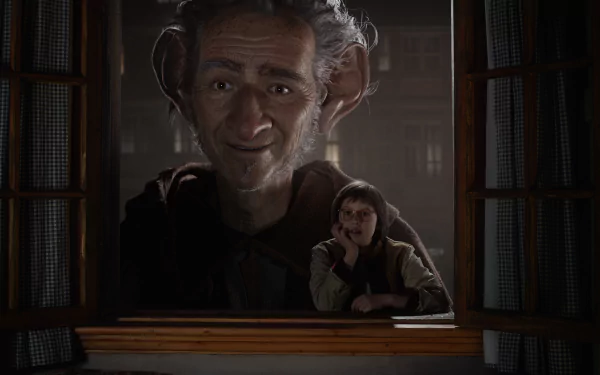 A scene from the movie The BFG (2016) featuring a friendly giant and a young girl at a window, creating a magical atmosphere in this HD desktop wallpaper.