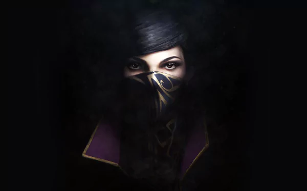 Emily Kaldwin from the video game Dishonored 2 emerges from shadows, her piercing eyes visible above a dark mask, set against a dramatic, moody background.