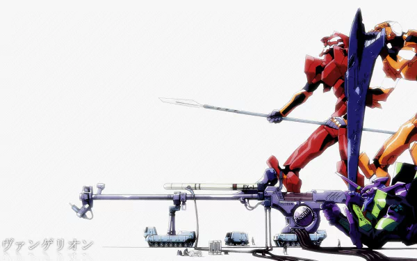 HD anime desktop wallpaper featuring Evangelion Units 02, 01, and 00 from Neon Genesis Evangelion in dynamic battle poses on a white background.