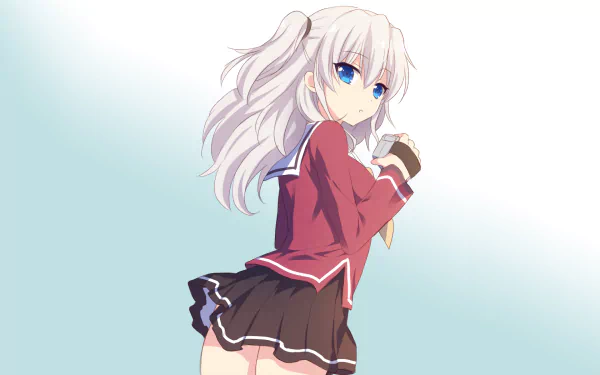 HD wallpaper featuring Nao Tomori from the anime Charlotte, showcasing her with long white hair and blue eyes, wearing a school uniform in a dynamic pose.