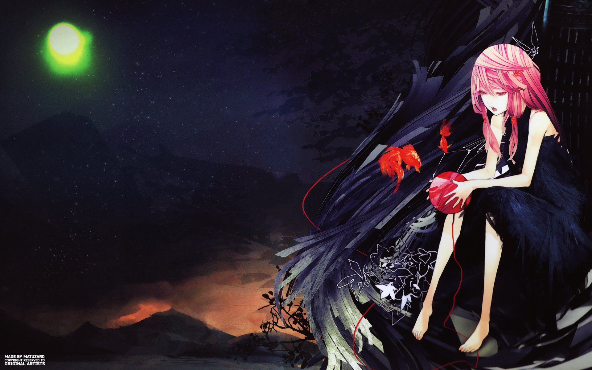 HD PC desktop wallpaper featuring Inori Yuzuriha from the anime Guilty Crown, sitting with pink hair against a dark, abstract background under a glowing moon.