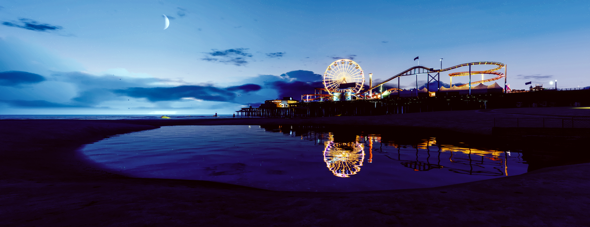 A stunning HD wallpaper from Grand Theft Auto V, depicting a vibrant coastal scene at dusk, featuring a ferris wheel and pier reflected in calm waters under a crescent moon.