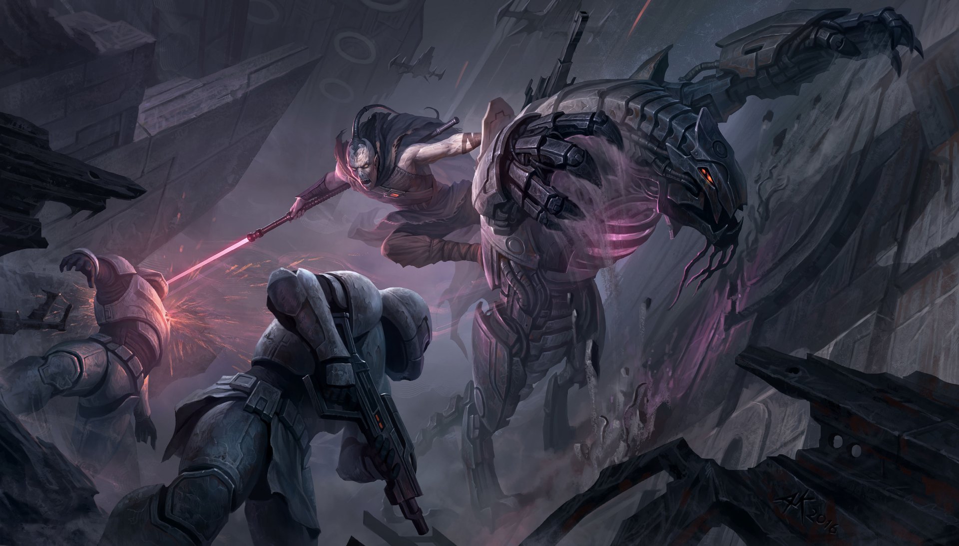 A dynamic 4K Ultra HD Sci-Fi battle scene featuring stormtroopers and alien warriors clashing in an intense Star Wars-inspired warzone.