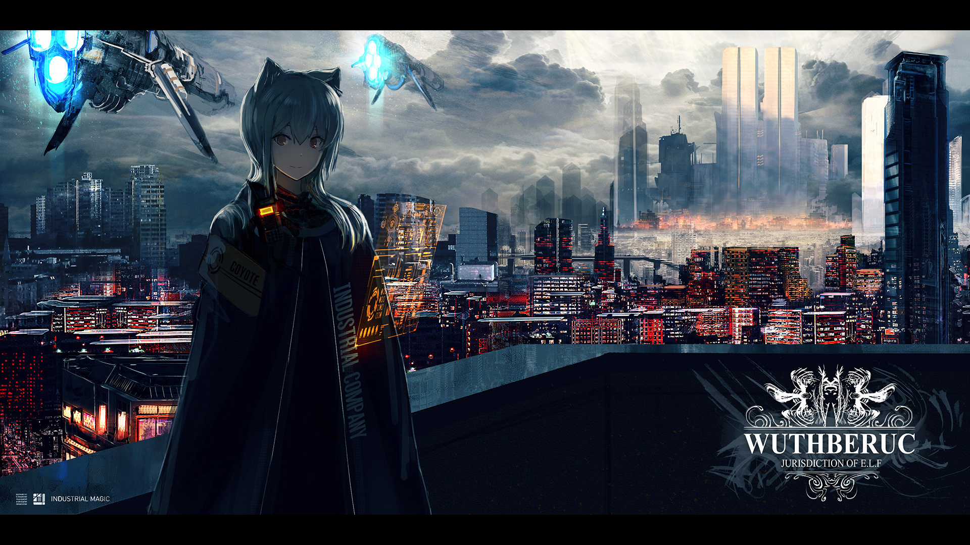 A striking HD anime wallpaper featuring a character with cat ears standing against a futuristic cityscape, complemented by flying drones and a vibrant skyline.