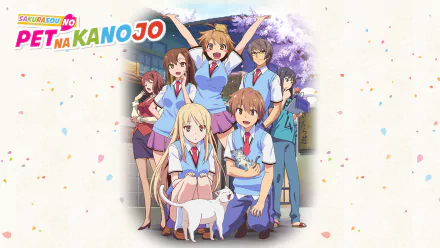 A colorful HD wallpaper featuring Mashiro Shiina and the cast of Sakurasou no Pet na Kanojo, showcasing their cheerful expressions and vibrant school setting.