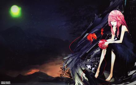 HD PC desktop wallpaper featuring Inori Yuzuriha from the anime Guilty Crown, sitting with pink hair against a dark, abstract background under a glowing moon.