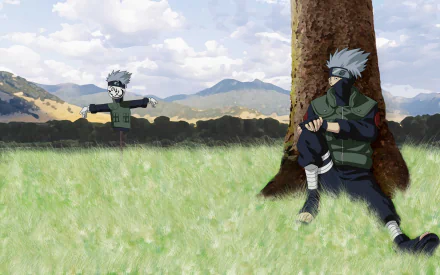 A high-definition wallpaper featuring Kakashi Hatake from the anime Naruto, set in a scenic landscape with rolling hills and a tree, capturing a moment of tranquility.