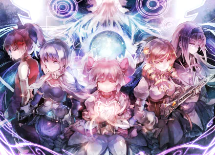 An HD desktop wallpaper featuring characters Mami Tomoe, Kyōko Sakura, Sayaka Miki, Madoka Kaname, and Homura Akemi from the anime Puella Magi Madoka Magica, surrounded by vibrant cosmic elements.