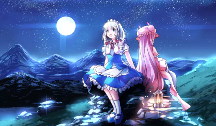 HD PC desktop wallpaper: Patchouli Knowledge and Sakuya Izayoi from Touhou sit on a moonlit hill by lantern light, anime-style night sky and distant mountains as background.