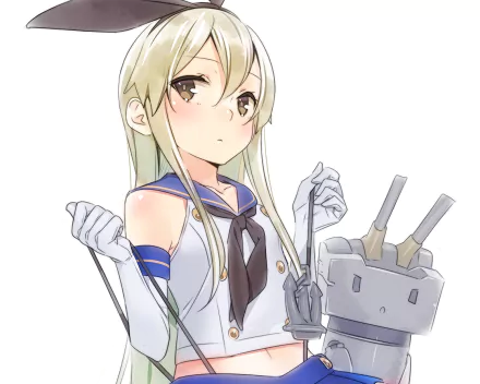 Anime character Shimakaze from Kantai Collection is depicted with blonde, long hair, yellow eyes, and a headband, alongside Rensouhou-chan, set against a clean background.