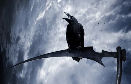 A striking HD wallpaper featuring a raven perched on a scythe against a moody sky, capturing a surreal and atmospheric essence of nature and symbolism.