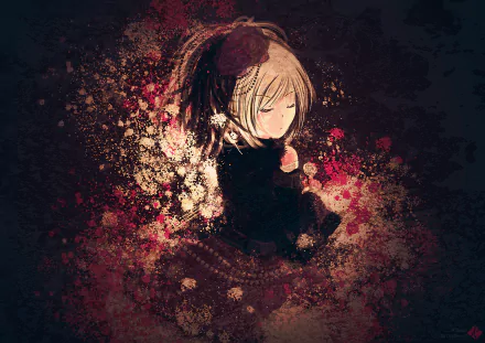 Anime-style HD desktop wallpaper featuring Flower from Vocaloid with short blonde hair, wearing a dark dress, surrounded by abstract floral and splattered paint effects.