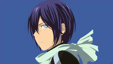 Minimalist HD wallpaper featuring Yato from Noragami, showcasing his blue hair, blue eyes, and a flowing scarf against a simple blue background.