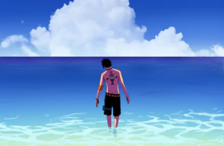 A serene scene depicting Portgas D. Ace from One Piece, standing in the ocean with a vibrant sky and clouds above, showcasing his tattoo and relaxed shorts, set as a striking HD wallpaper.