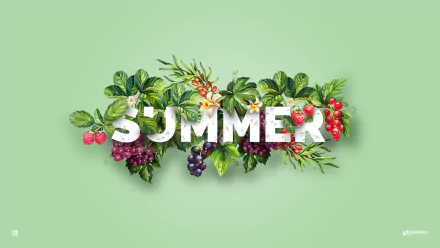 A vibrant artistic depiction of summer, featuring an array of flowers and fruits, with the word SUMMER prominently displayed against a soft green background.