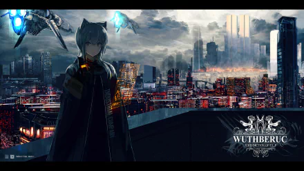 A striking HD anime wallpaper featuring a character with cat ears standing against a futuristic cityscape, complemented by flying drones and a vibrant skyline.