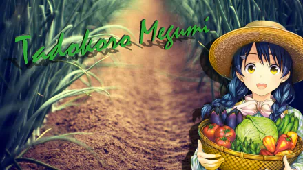 An HD desktop wallpaper featuring Megumi Tadokoro from *Food Wars: Shokugeki no Soma*, smiling and holding a basket of fresh vegetables against a rustic background.