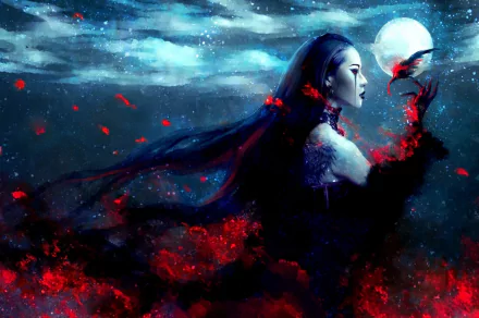 HD desktop wallpaper featuring a dark fantasy scene with an Asian woman surrounded by swirling red petals under a moonlit, cloudy night sky.