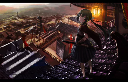A captivating anime wallpaper of a young girl with a short green bob, standing on a rooftop overlooking a vibrant cityscape at dusk, showcasing original art style and rich details.