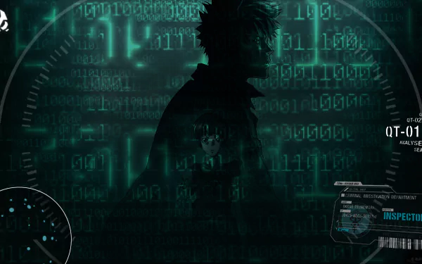 A striking HD wallpaper featuring an anime silhouette from Psycho-Pass, set against a backdrop of stylized green binary code and futuristic elements.