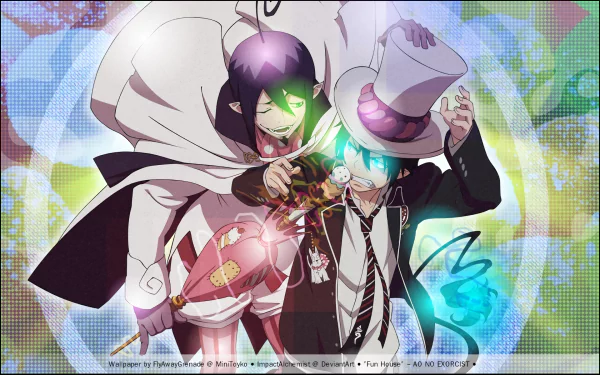 HD anime desktop wallpaper featuring Rin Okumura and Mephisto Pheles from Blue Exorcist in dynamic, colorful artwork.