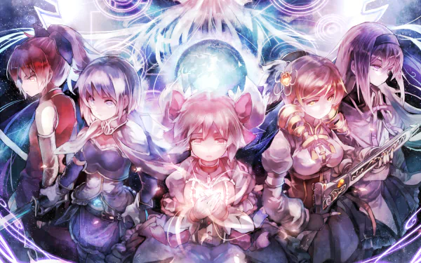 An HD desktop wallpaper featuring characters Mami Tomoe, Kyōko Sakura, Sayaka Miki, Madoka Kaname, and Homura Akemi from the anime Puella Magi Madoka Magica, surrounded by vibrant cosmic elements.