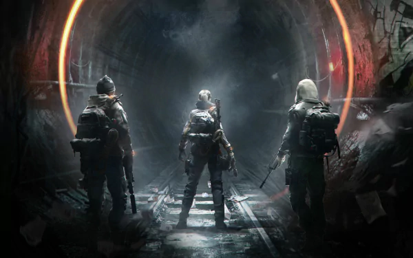Three characters stand in a dimly lit underground tunnel, showcasing a dramatic scene from Tom Clancy's The Division, set against a backdrop of tension and intrigue. HD PC desktop wallpaper.