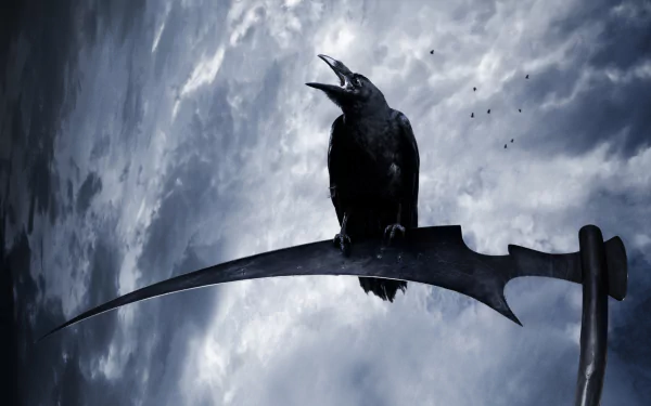 A striking HD wallpaper featuring a raven perched on a scythe against a moody sky, capturing a surreal and atmospheric essence of nature and symbolism.