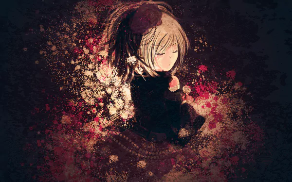 Anime-style HD desktop wallpaper featuring Flower from Vocaloid with short blonde hair, wearing a dark dress, surrounded by abstract floral and splattered paint effects.