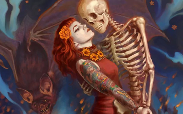 A vibrant tattooed redhead dances with a skeleton against a dark, atmospheric background, creating a captivating HD wallpaper that blends life and the supernatural.