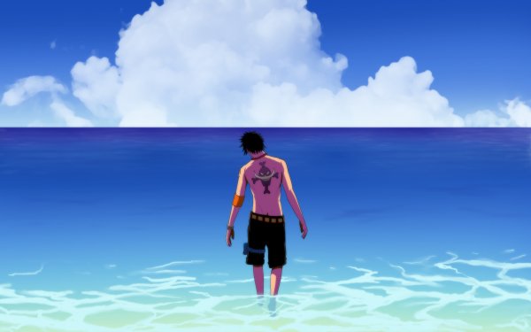 Anime One Piece Portgas D. Ace Black Hair Shorts Water Ocean Cloud Sky Tattoo Necklace Belt HD Wallpaper | Background Image