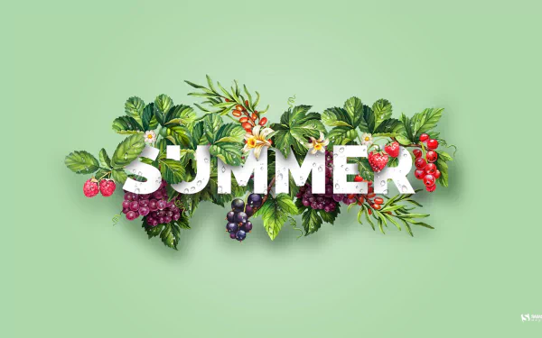 A vibrant artistic depiction of summer, featuring an array of flowers and fruits, with the word SUMMER prominently displayed against a soft green background.