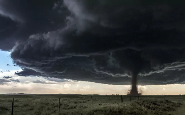 A dramatic landscape featuring a stormy horizon with dark clouds and a tornado sweeping across the land, capturing the raw power of nature in this striking HD wallpaper.