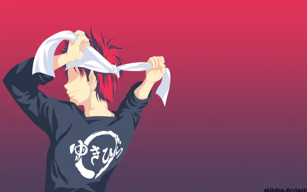 Minimalist HD wallpaper featuring Sōma Yukihira from *Food Wars: Shokugeki no Soma*, showcasing his determined expression as he ties a cooking bandana.