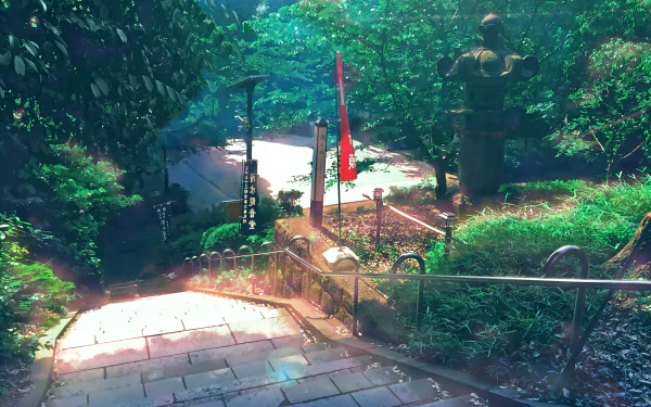 A scenic anime HD desktop wallpaper featuring a sunlit stone stairway descending through lush green foliage, with statues and a flag in the background.