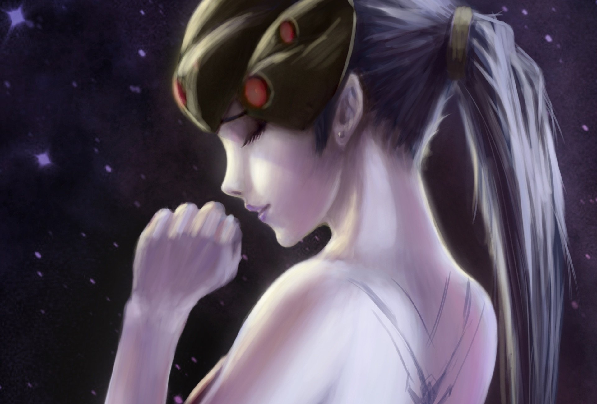 HD desktop wallpaper featuring Widowmaker from Overwatch, showcasing her elegant profile against a starry background, embodying the game's distinctive style and atmosphere.