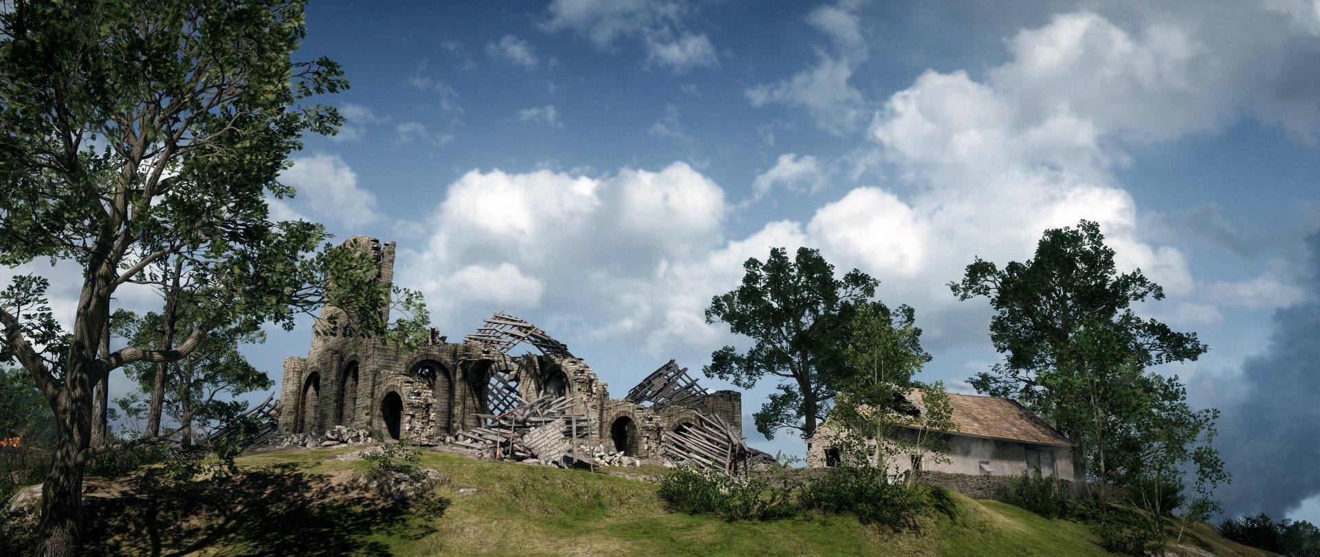 An atmospheric HD PC desktop wallpaper featuring the ruins of a building surrounded by trees and clouds, inspired by the landscape of the video game Battlefield 1.