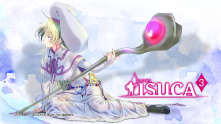 HD PC desktop wallpaper of Isuca (Isuca), an anime character in a white robe and beret seated holding a staff topped by a pink heart gem.